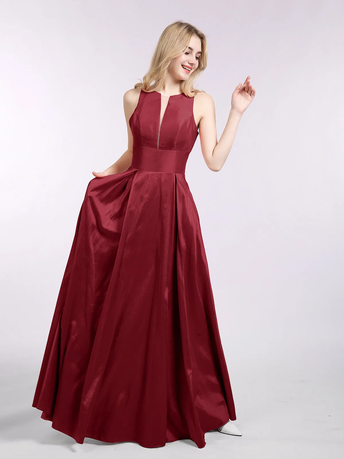 A-ligne Taffeta Robe Longue avec Poches Bordeaux Grande Taille