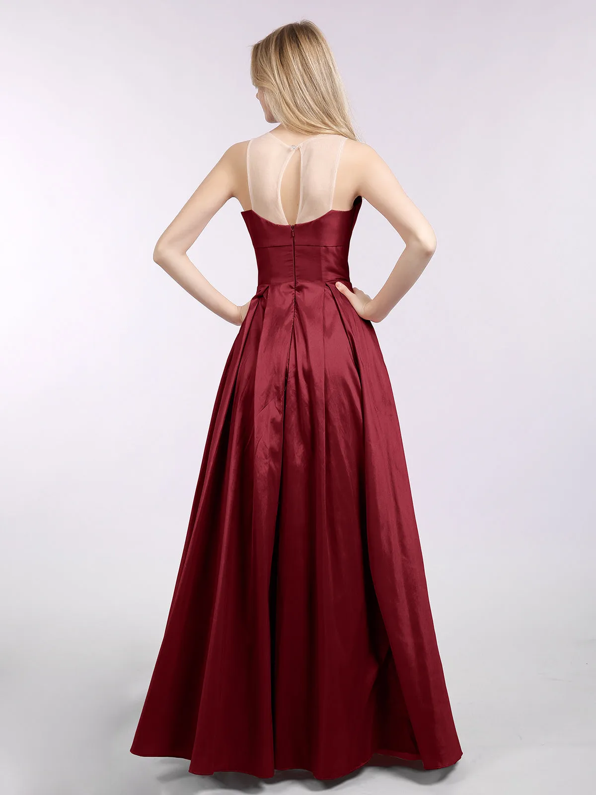 A-ligne Taffeta Robe Longue avec Poches Bordeaux Grande Taille