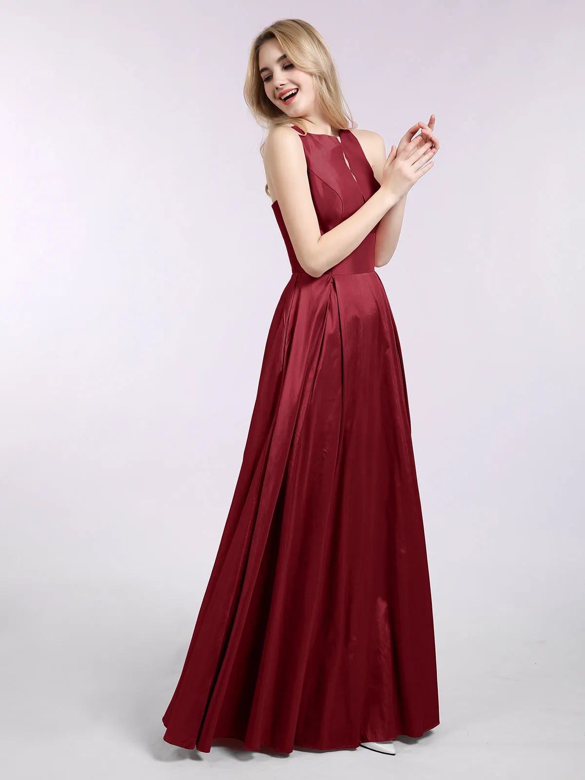 A-ligne Taffeta Robe Longue avec Poches Bordeaux Grande Taille