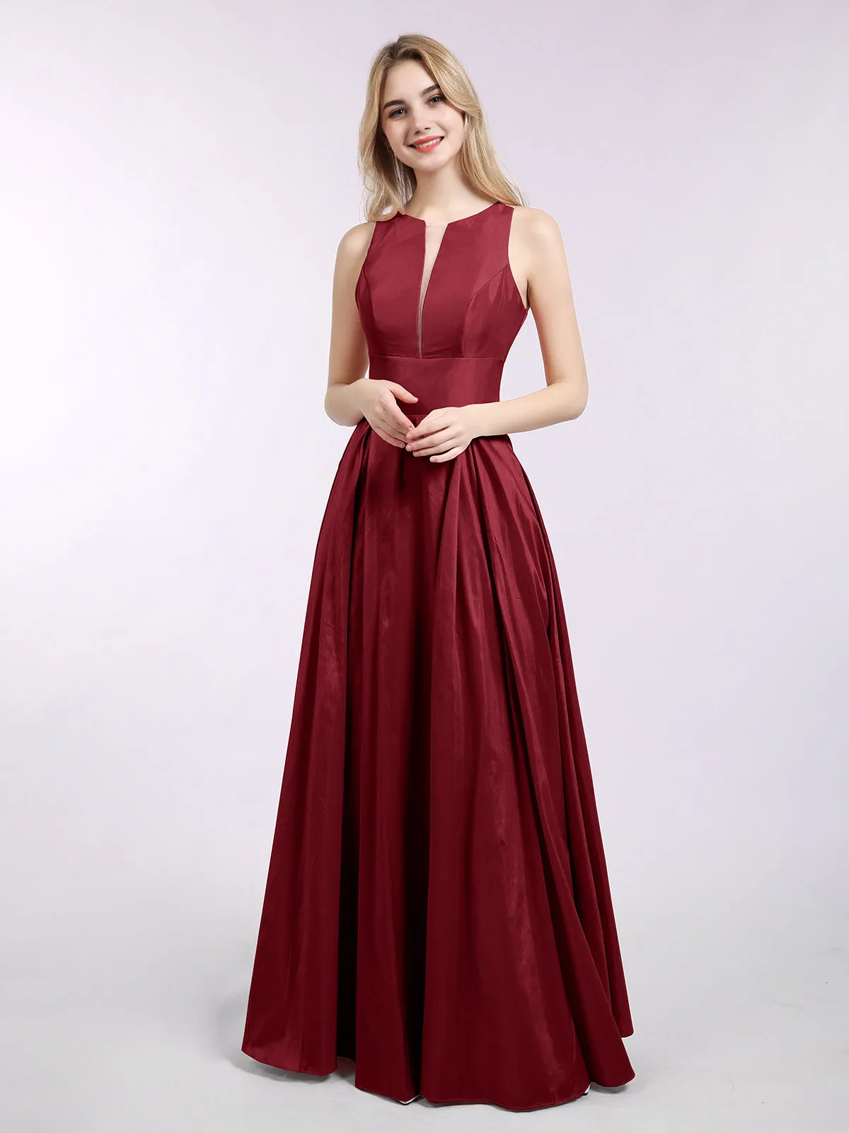 A-ligne Taffeta Robe Longue avec Poches Bordeaux Grande Taille