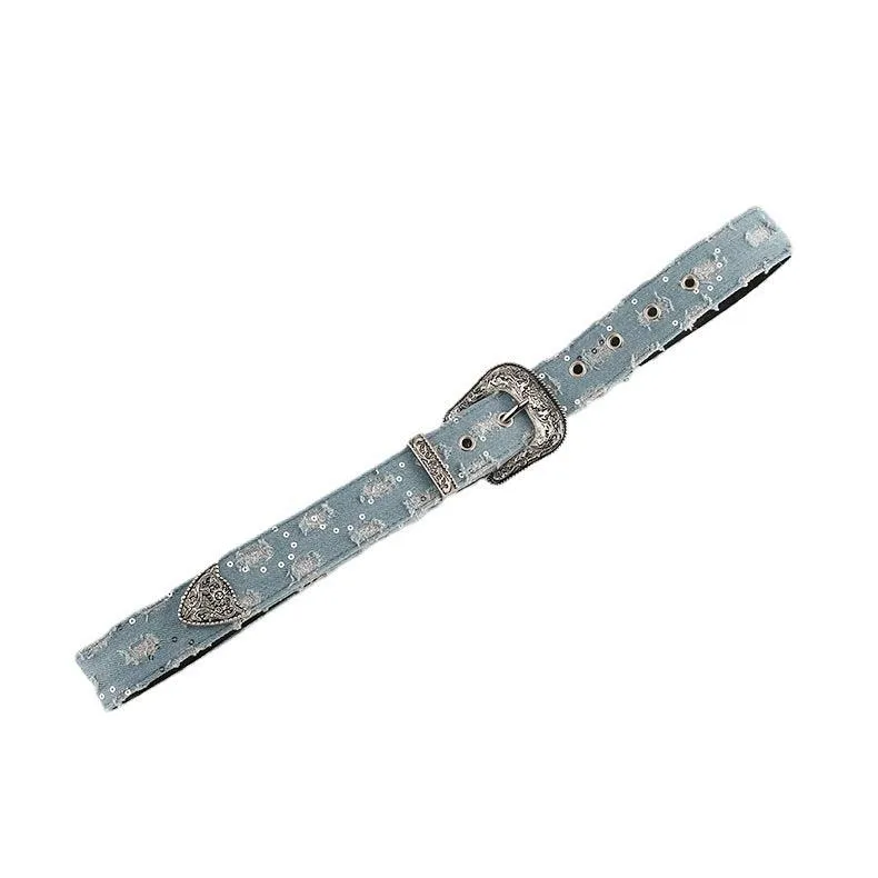 Ceinture Western Jean et Sequins avec Boucle Fantaisie, modèle Makenna