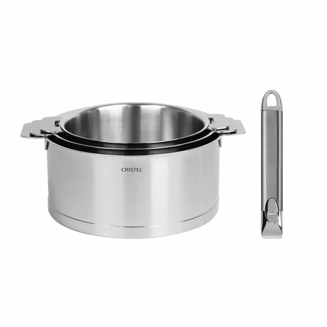 Coffret 3 casseroles Cristel Strate + 1 poignées Zenith 