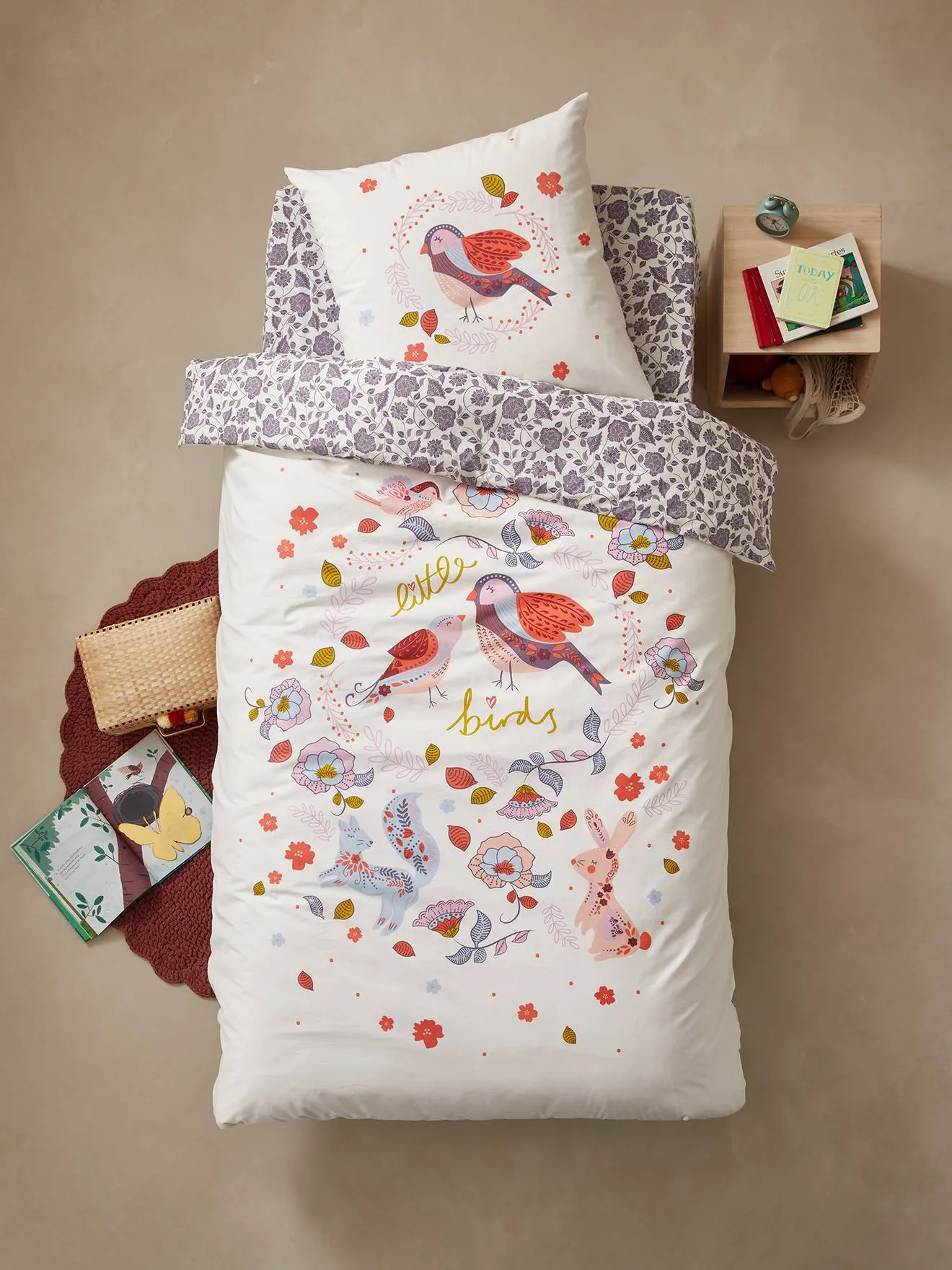 Parure housse de couette + taie d'oreiller enfant NORTH FOLK Oeko-Tex® blanc imprimé - Vertbaudet