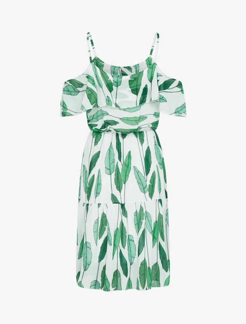 Robe à épaules dénudées et imprimés - ecru