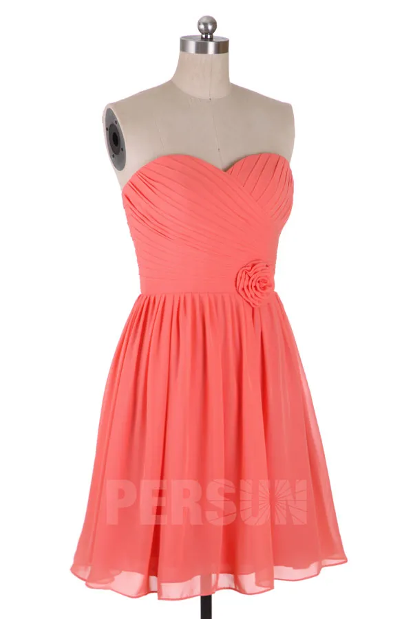 Robe cortège mariage courte bustier coeur en mousseline orange corail