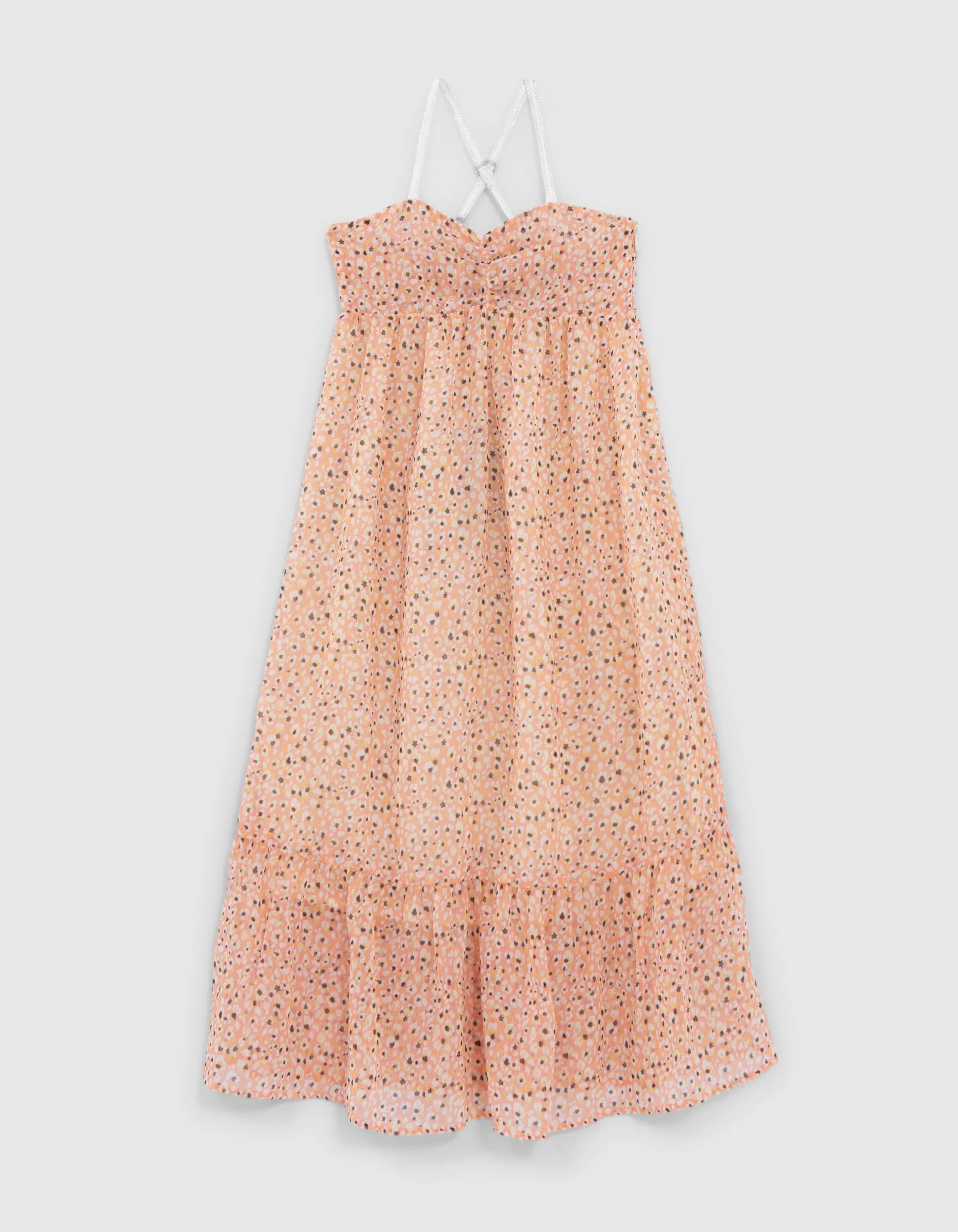 Robe longue pêche imprimé tachiste fleurs fille