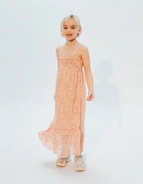 Robe longue pêche imprimé tachiste fleurs fille