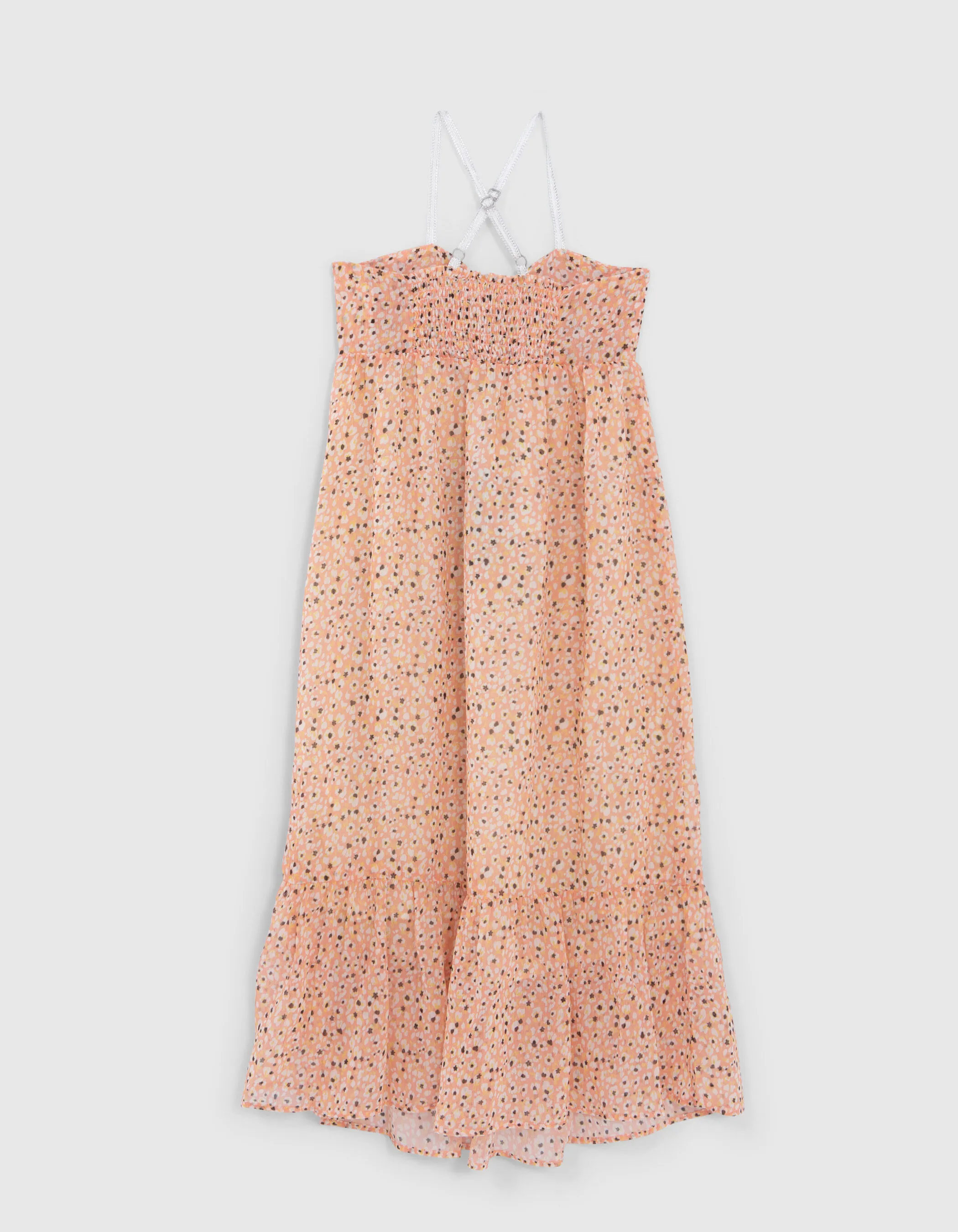 Robe longue pêche imprimé tachiste fleurs fille