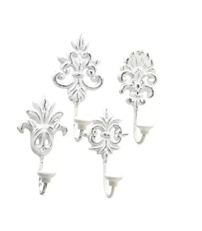 Set de 4 patères vieillies en métal blanchi et céramique