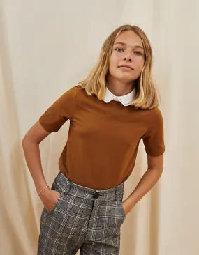 Tee-shirt cognac à col chemise blanc clouté fille