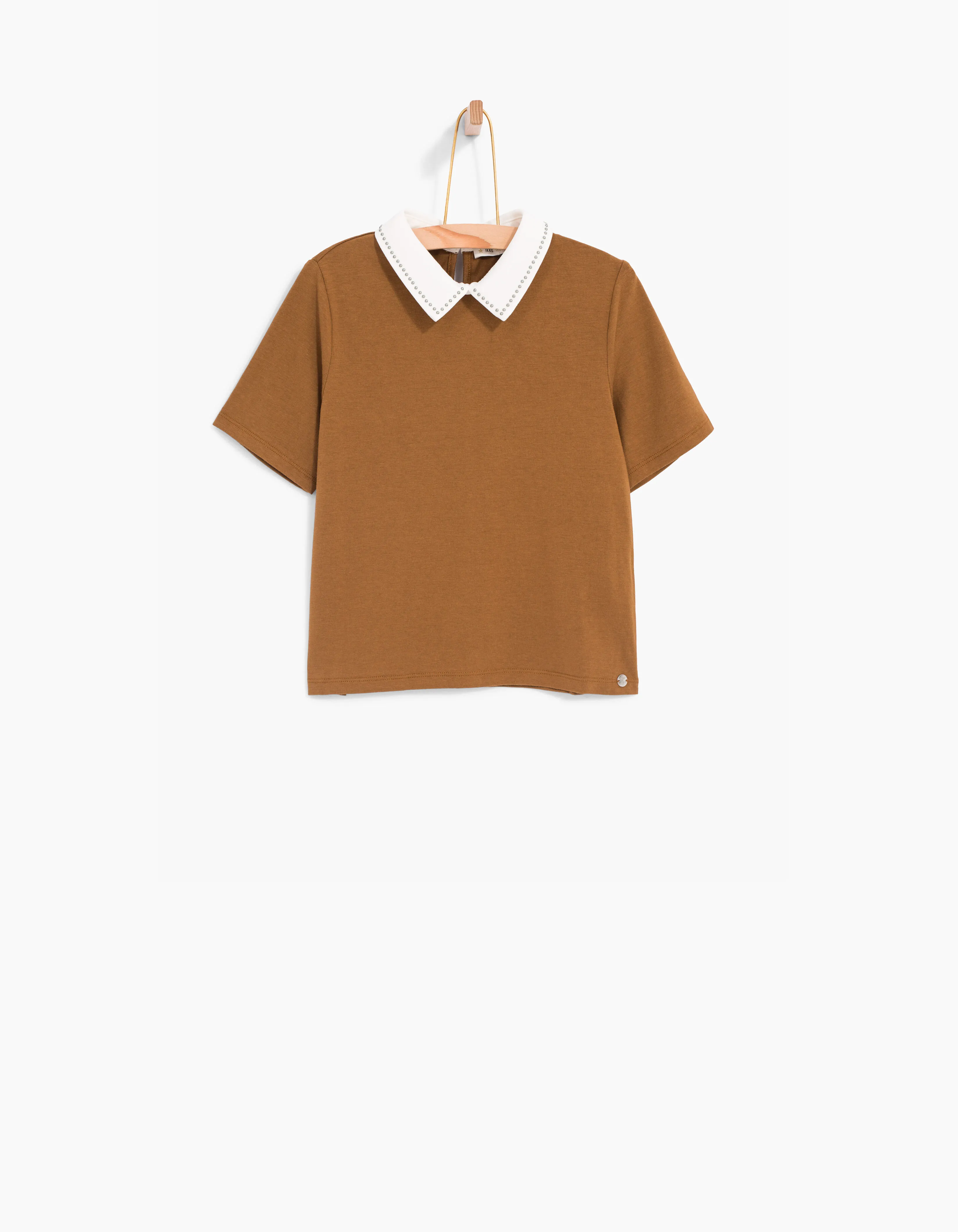 Tee-shirt cognac à col chemise blanc clouté fille